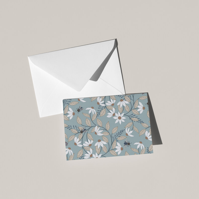 These A6 blank cards are perfect for sending a thoughtful note or simply keeping in your stationery drawer for special moments. Each card showcases a unique hand-drawn design - Flowers and bees - by Green Acre Designs.