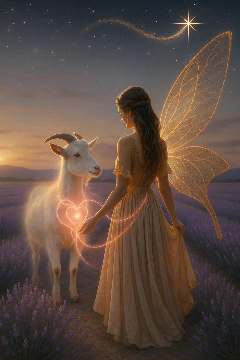 An ethereal image of a woman with fairy wings connecting with her goat through glowing energy lines of heart connection, representing the animal communication course. 