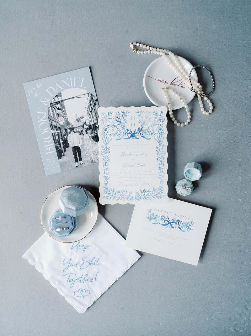 Flat lay of wedding day details.