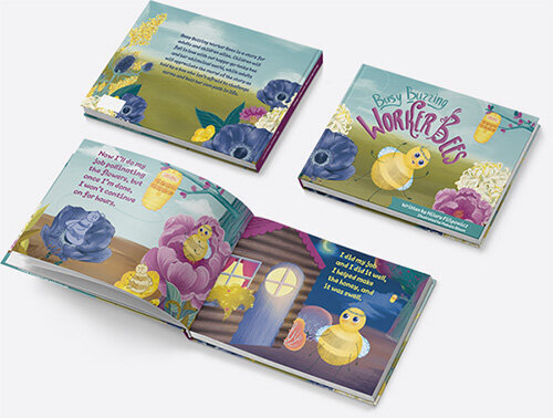 This mockup displays a preview of how the book looks in print, including the children's book cover design and an inside spread.