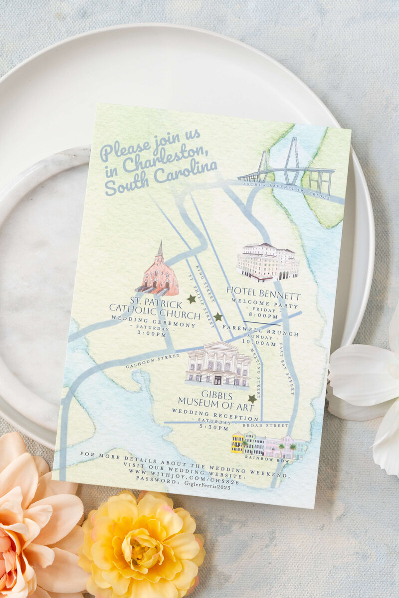 Custom watercolor map of Charleston showcasing St. Patrick's Catholic Church, Gibbes Art Museum, Rainbow Row, and Hotel Bennett, created on high-quality paper for a luxury client