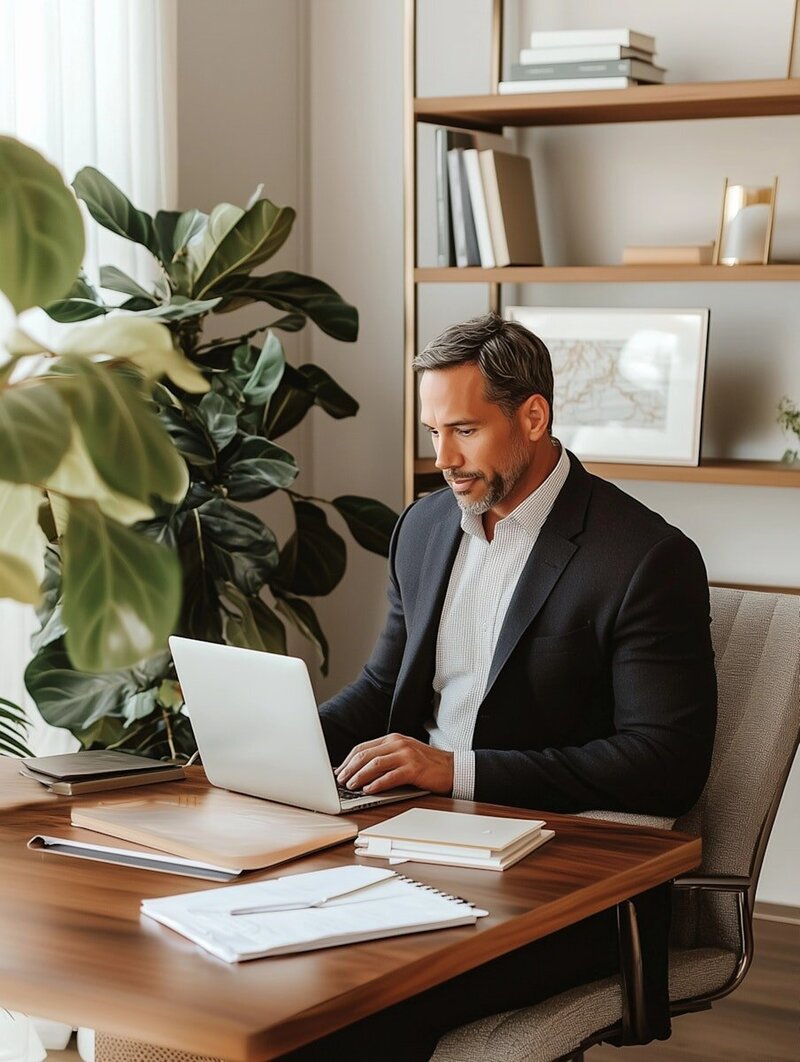man sitting at the desk working on laptop in his office