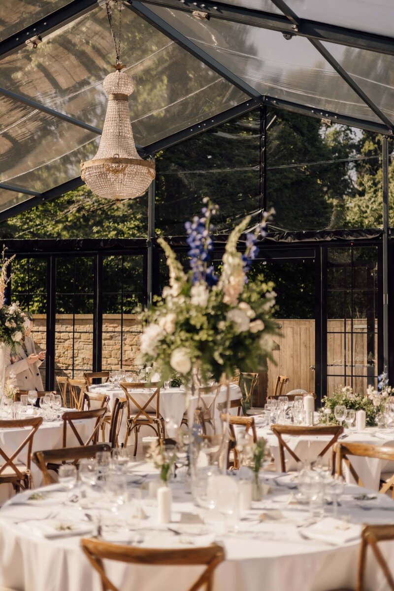 A frame marquee with a clear roof and an ice bar in the middle