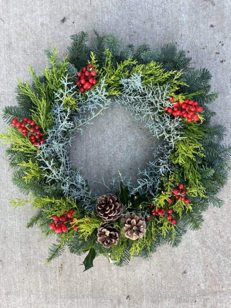 A holiday wreaath with mixed greens, holly and pinecones.