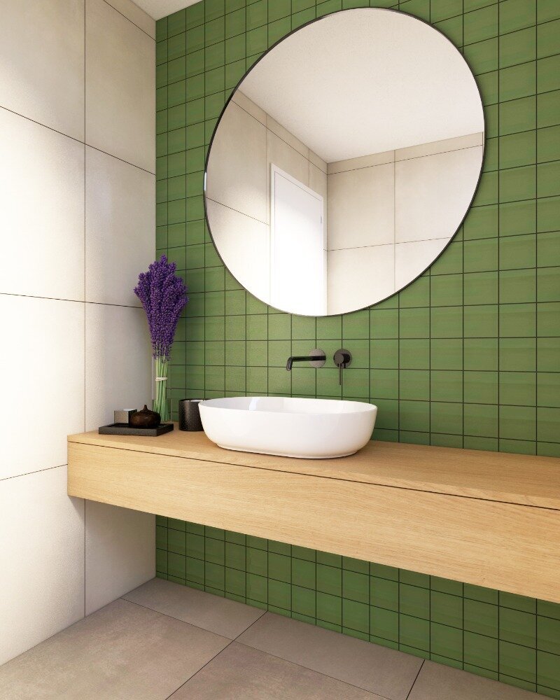Vizualizace hygienického koutku kliniky Dolany – čistý minimalistický design s tóny zelené