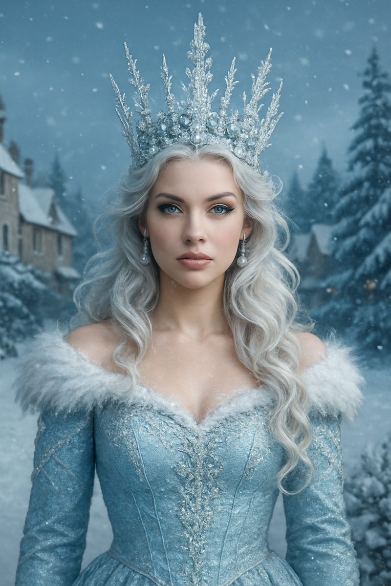 Elegant woman styled as an ice queen in a shimmering blue gown and crystal crown, set against an AI snowy woodland backdrop while posing for Mad Hat Photo booth