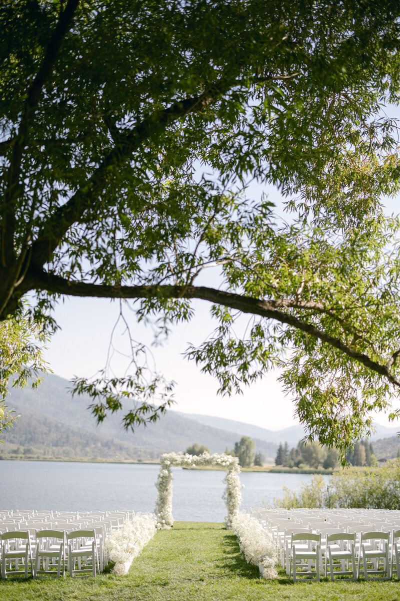 Steamboat Springs Colorado wedding ceremony with floral arch