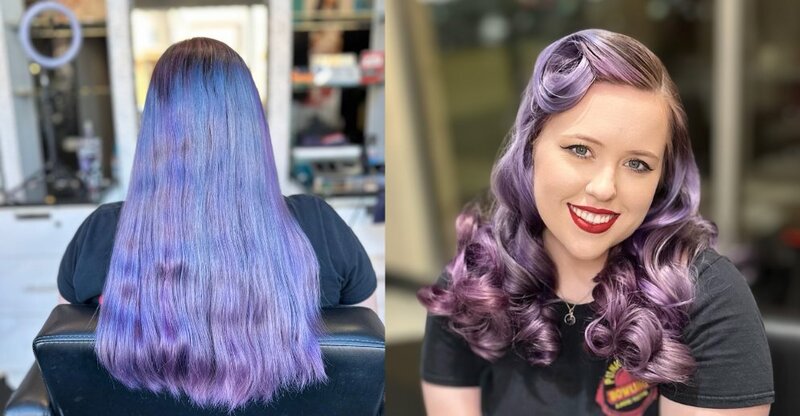 yourgirlfridaylv-purple-hair-vintage-pinup-curls-before-after
