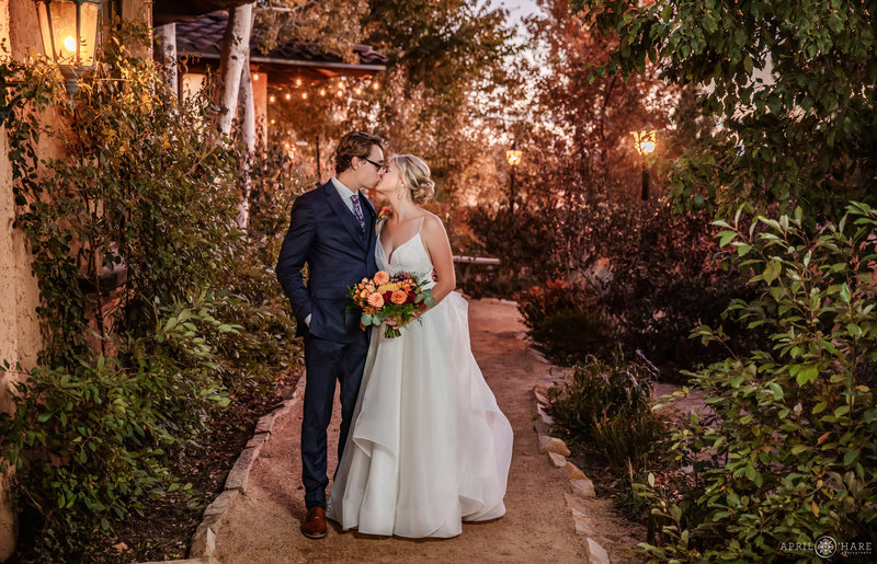 Garden path at dusk wedding portrait at Villa Parker