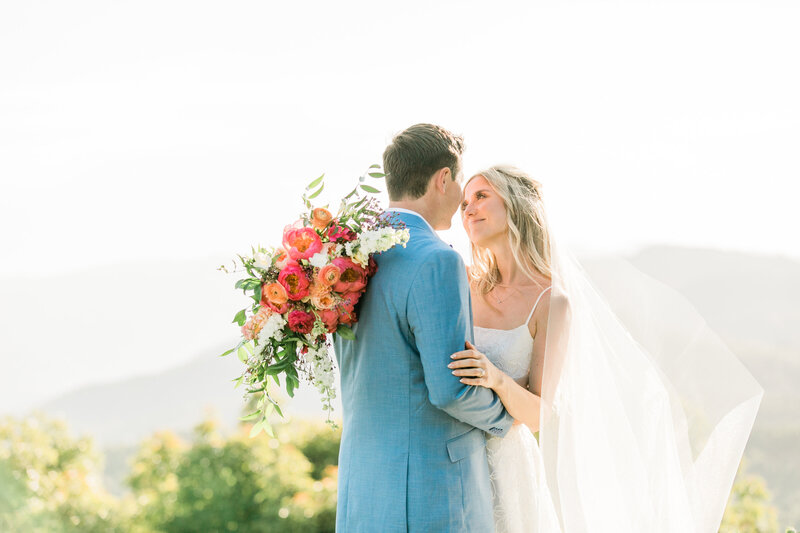 Bride, black and white portrait, flowers, bouquet, hailey page wedding gown