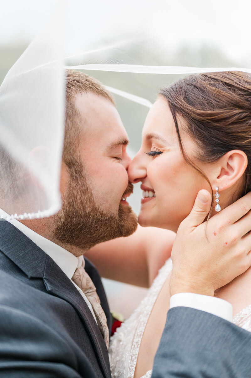 bride and groom cuddling under veil on wedding day