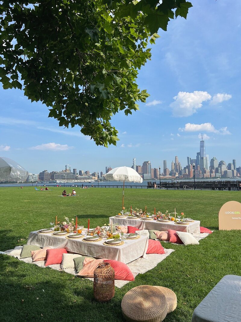 Outdoor luxury picnic with pastel cushions, styled tables, and a white umbrella overlooking the New York City skyline, designed by Yours Truly, a wedding planner and designer in New Jersey.