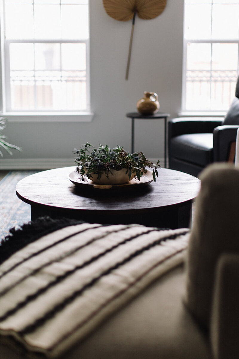 Art-forward, masculine living room designed by Hope Miriam Designs in DFW