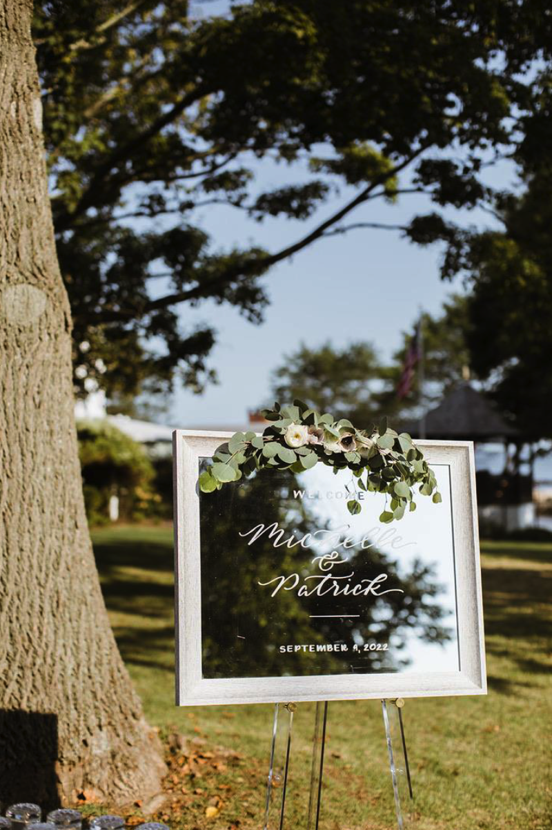 White wood mirror welcome sign rental