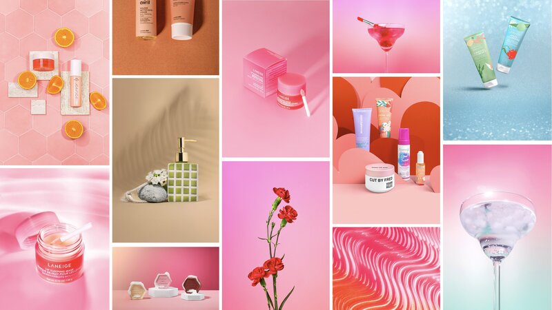 Mosaïque colorée de photographies produits beauté et cosmétiques réalisées par Studio Helloday.