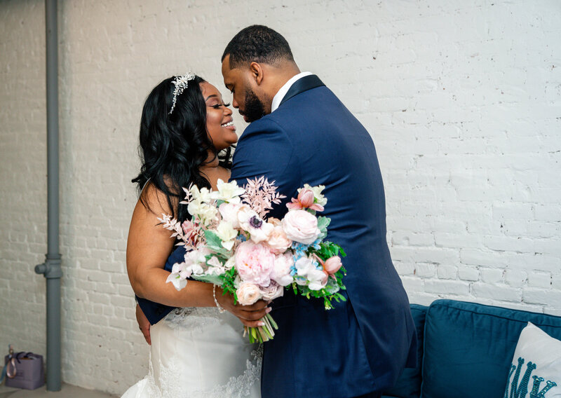 Cute bridal details of Intimate Micro Wedding styled shoot of wedding bouquet, bridal shoes, and boutonniere
