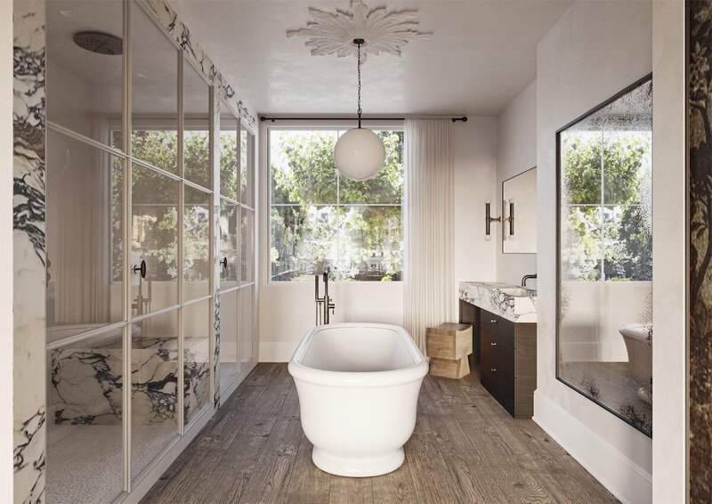 gorgeous bathroom design in a modern Mediterranean style by Sacramento interior designer