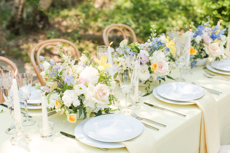 luxury wedding tablescape with pastel florals