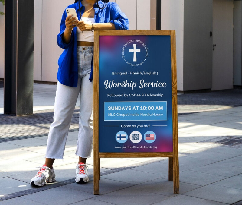 Custom blue-themed church signboard design by Helia Studios