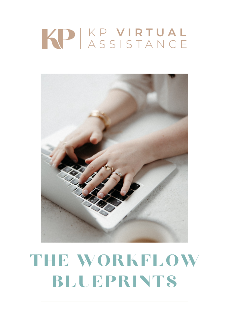 Promotional image for KP Virtual Assistance’s free workflow guide, featuring hands typing on a laptop, designed to help photographers streamline their sessions and achieve success