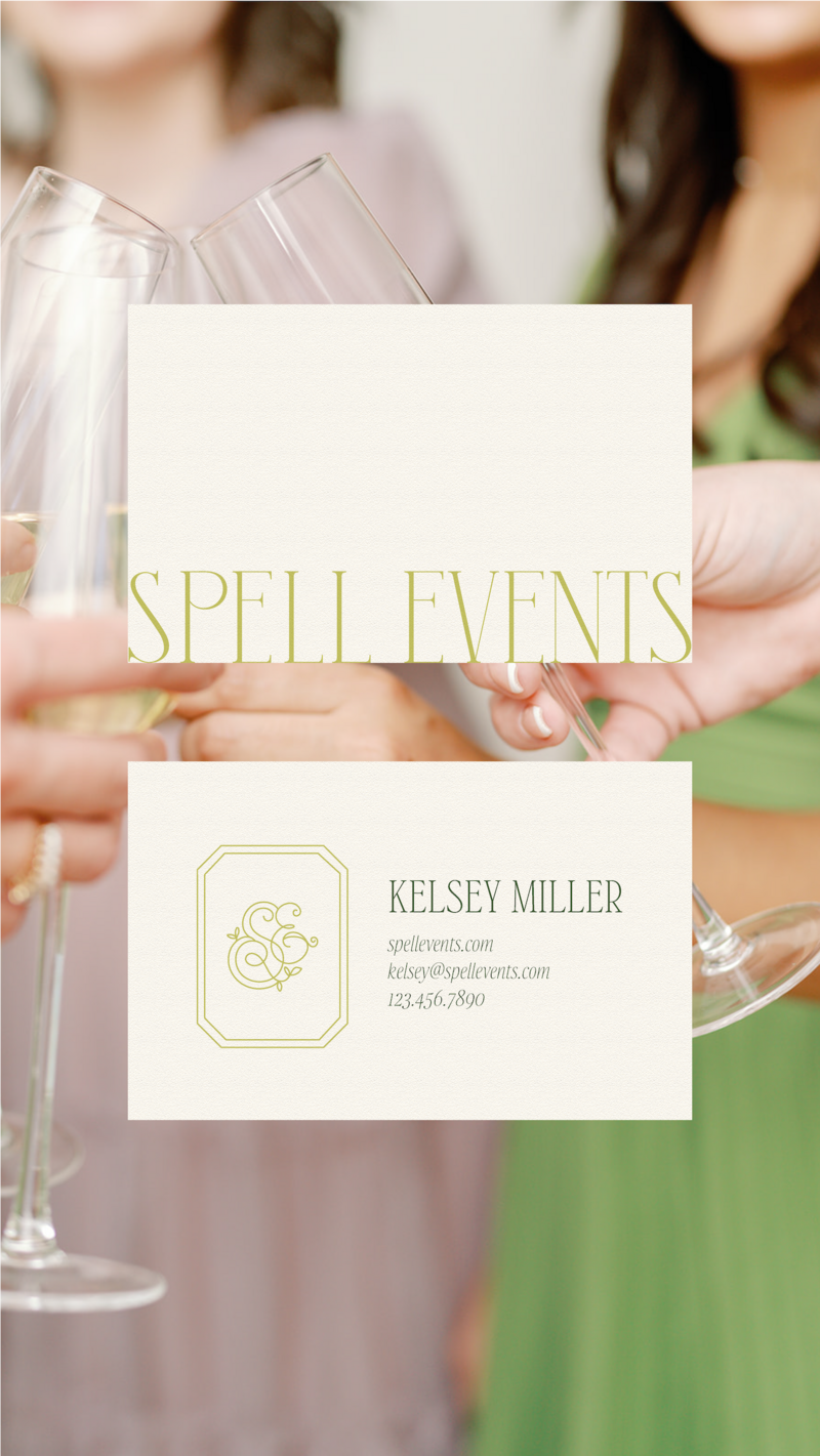 Spell Events business card mockup on top of an image of hands doing cheers with champagne glasses