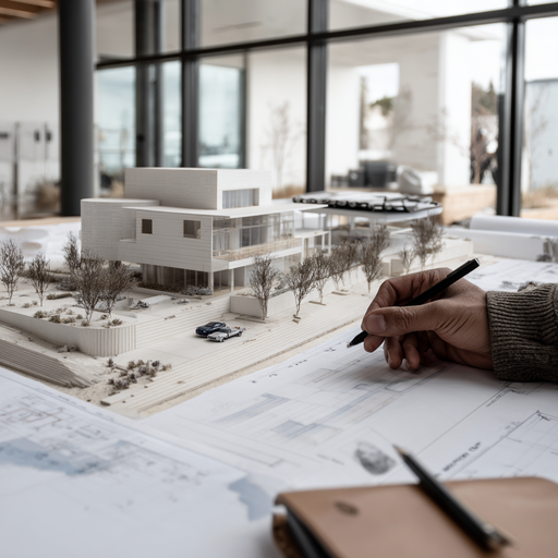 Architect working on residential building model for construction project