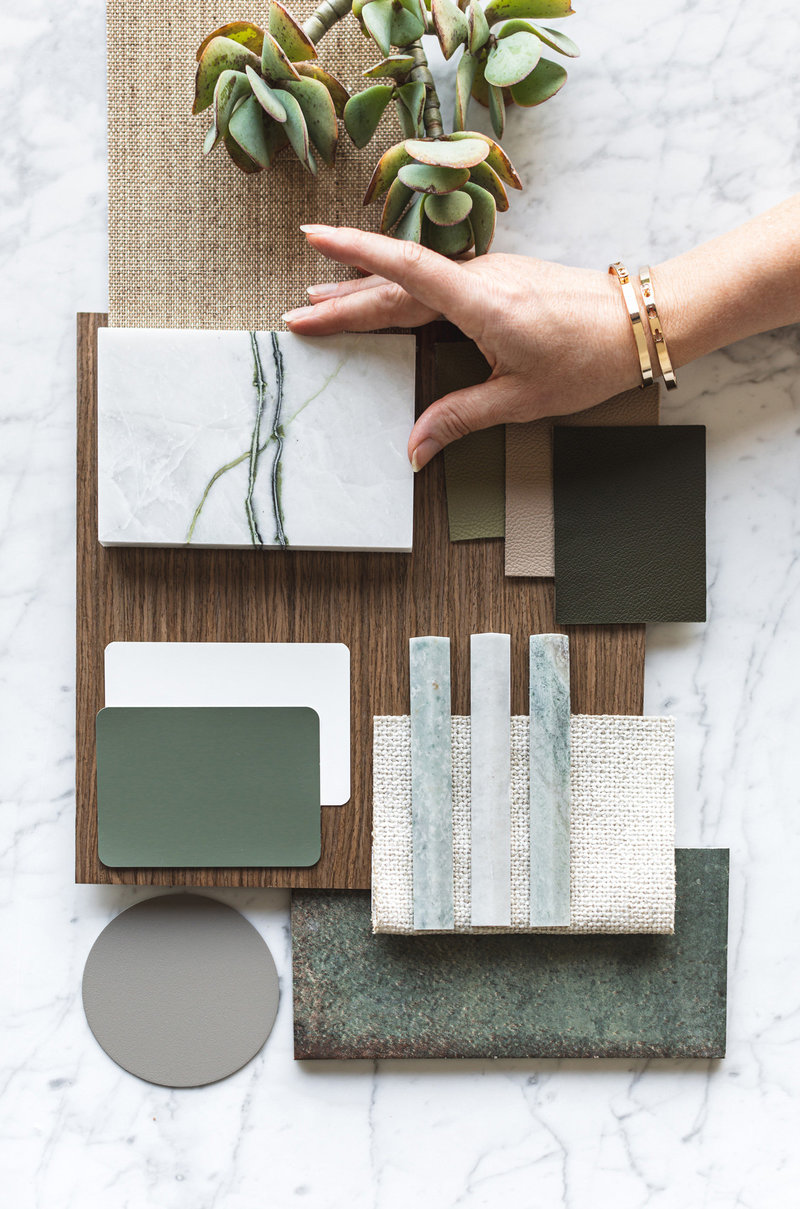 Amanda Wyeth Design| Calacatta Verde Marble|Forest Green Palette Flat Lay