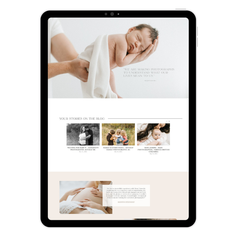 A tablet displaying a photography website with images of a newborn, families, and pregnant woman.