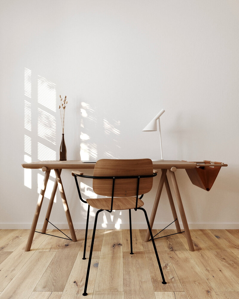 Scandinavisch ontwerp van een bureau en stoel in hout