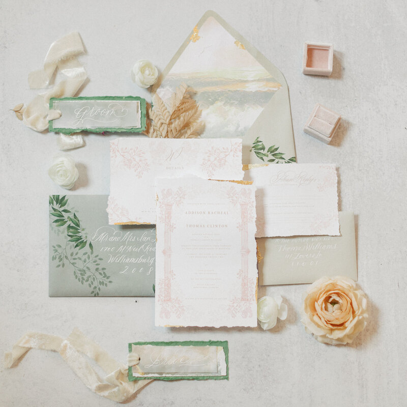 flat lay of wedding stationery suite
