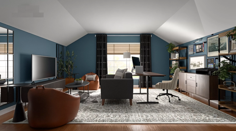 Image of a person holding a paint deck fan in the blue color scheme section