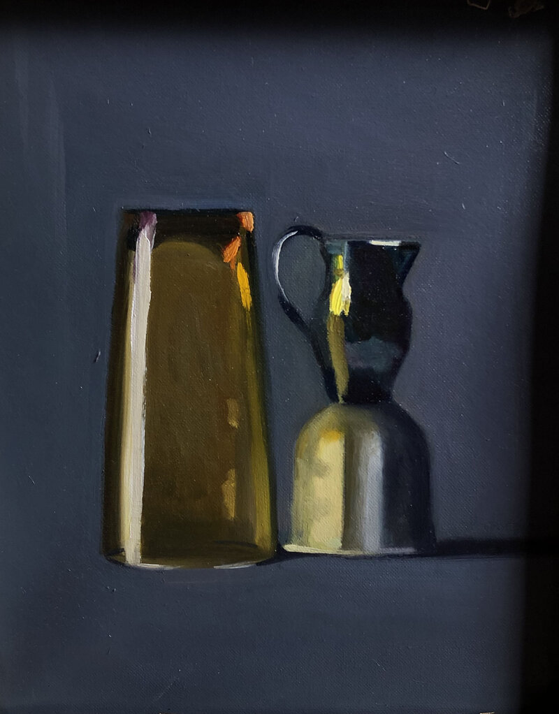 Still life oil painting of upside down amber glass and small pitcher
