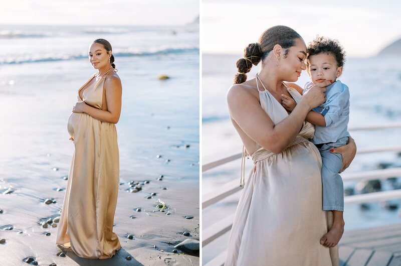 A mom holds her toddler son on the beach during her maternity session in Malibu