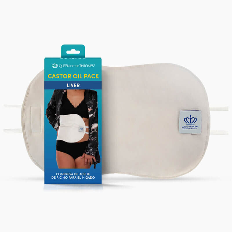 A Queen of the Thrones castor oil pack for the liver is displayed with its packaging, showing a woman wearing the wrap over her abdomen.