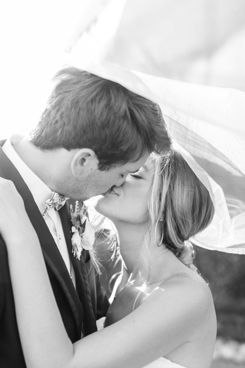 Black and white of bride and groom kissing under the veil at their Olde Dobbin Station Wedding