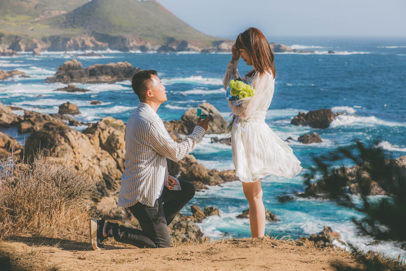 A girl tears up during a surprise proposal among the Big Sur Coast.