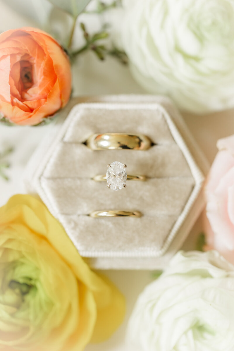 wedding rings in a champagne colored ring box