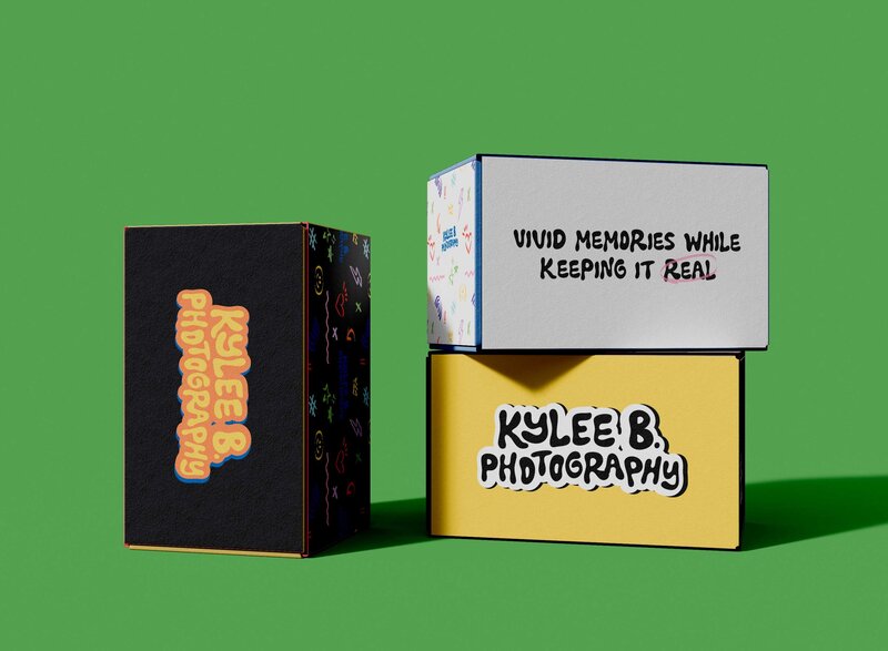 Stack of colorful boxes with Kylee's branding on it.