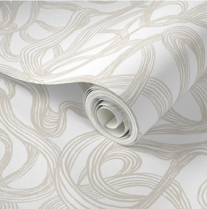 textured roll of wallpaper with clay colored swirling hand-drawn lines on a white background. Style is in warm minimalism, modern, abstract, relaxing neutrals