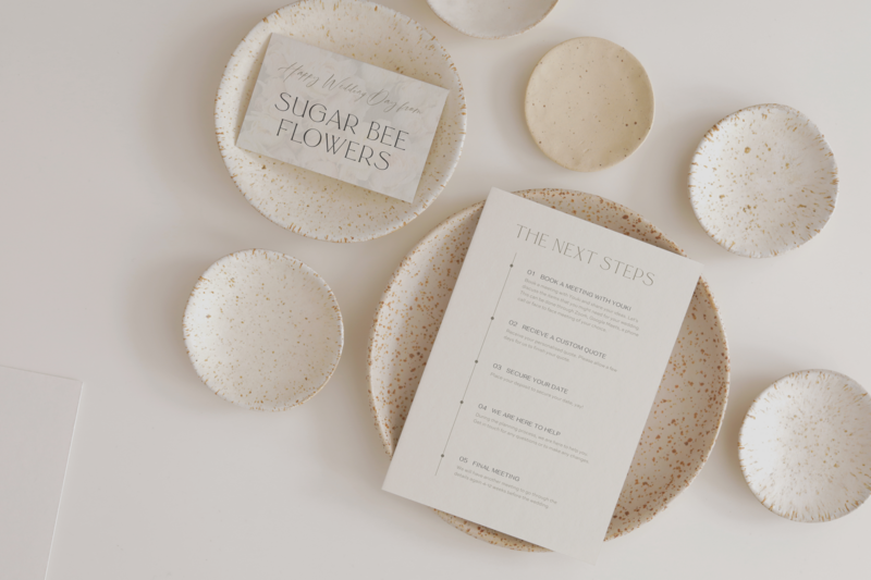 Light and airy typographic brand identity for florist includes business card and instructional notecard on natural white bowls by Knoxville creative team Liberty Type