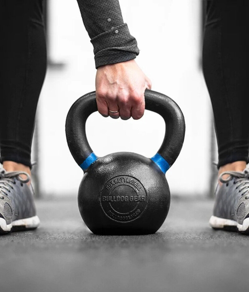 Close-up of a Rogue Fitness kettlebell, ready for strength training to support power and resilience in midlife.