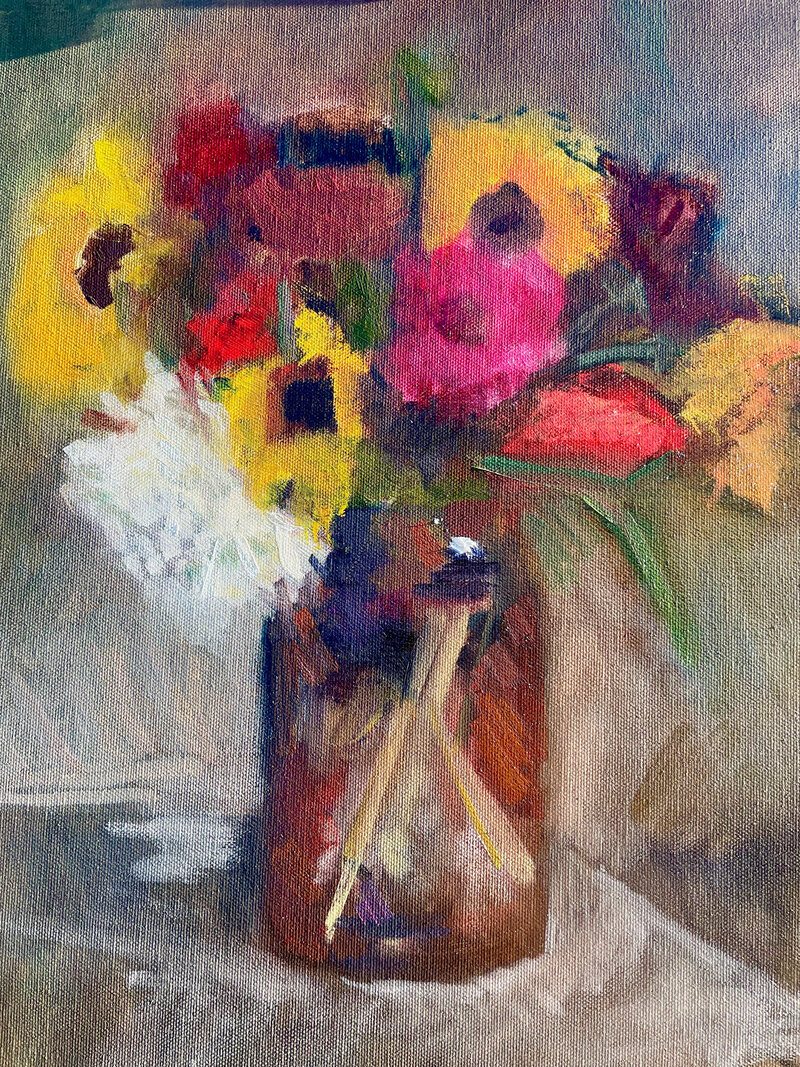 Still life oil painting of multicolored flowers in a vase