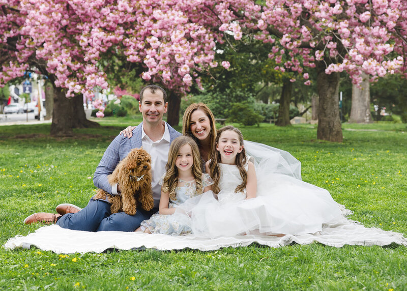 Cherry blossom family photo in an Essex County, NJ park.