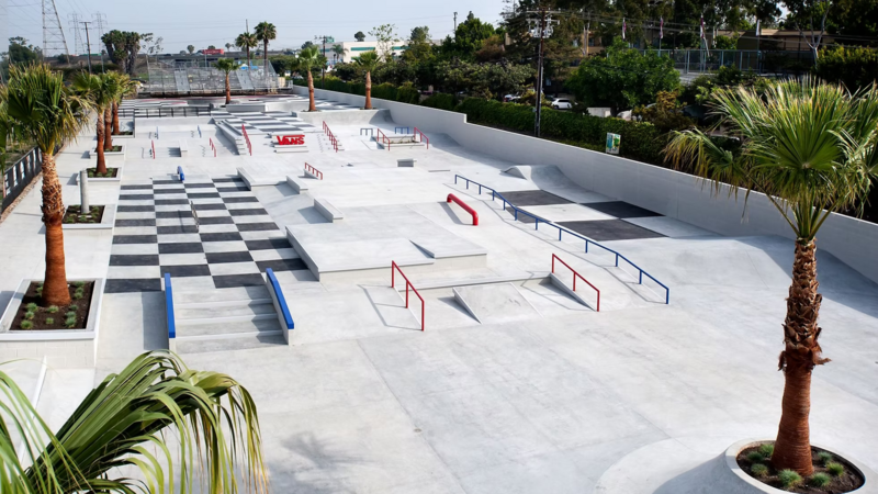 Modern outdoor skatepark design with palm trees and concrete plaza layout by CA Skateparks Australia