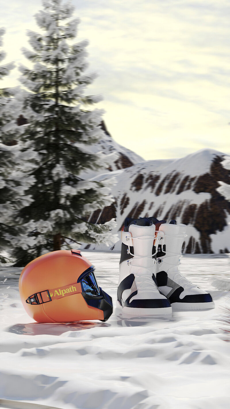 Alpath branded orange ski helmet and white snow boots resting on fresh snow, set against a backdrop of pine trees and alpine mountains, capturing the spirit of adventure and outdoor travel.