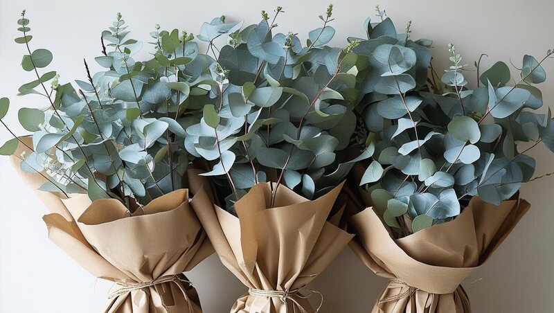 large baby blue eucalyptus bunches wrapped in brown kraft paper