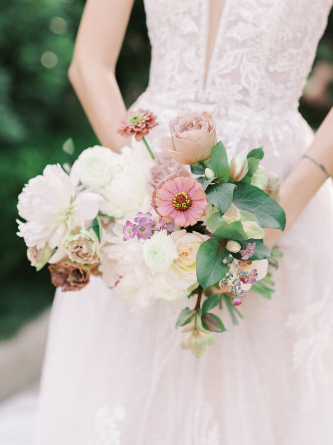 Close up of a bride's pink and white bouquet