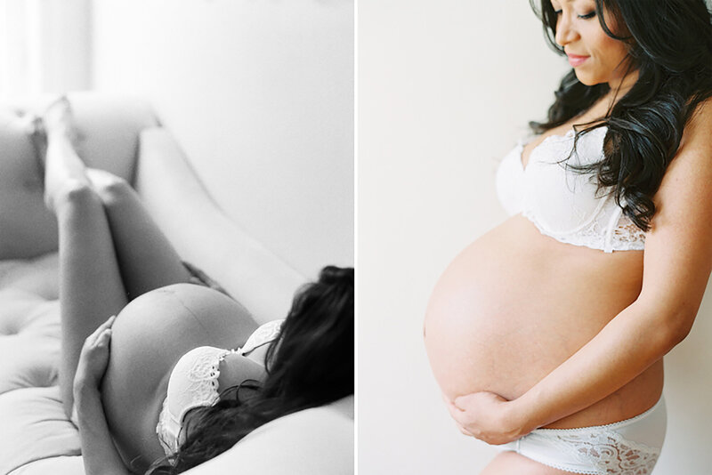 An expectant mother laying on a Chaise lounge wearing white lingerie in Daniele Rose Photography's natural light studio