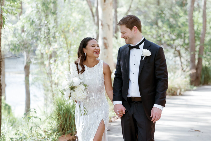 Couple walking wedding