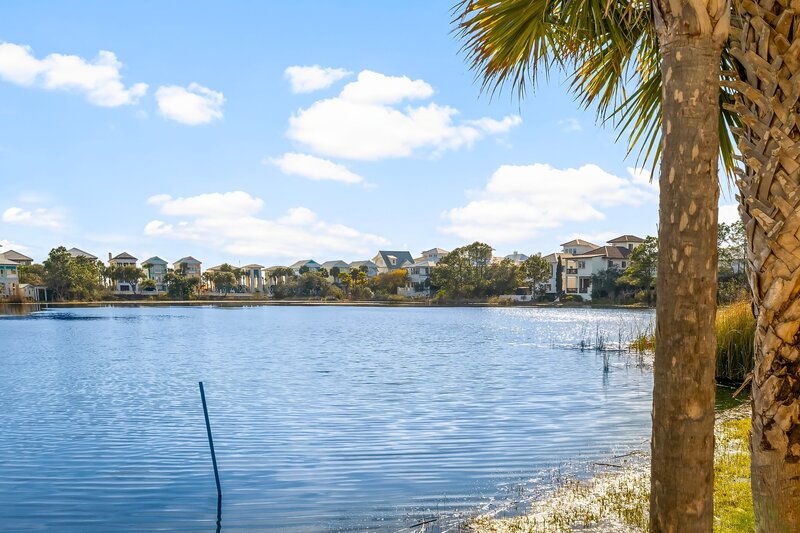 Peaceful lake view framed by palm trees at Carillon Beach Resort in Panama City Beach, Florida.